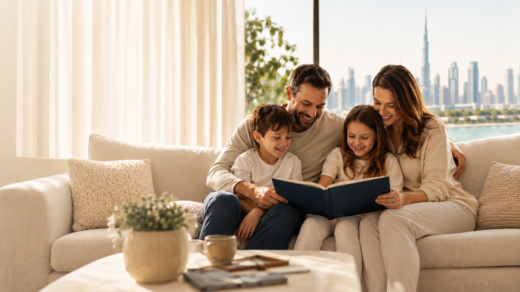A family reading together on the sofa at home, Dubai skyline beyond the window